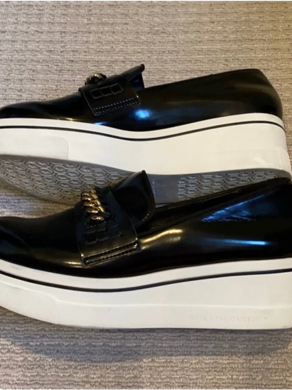 Stella McCartney Black Patent Platform Loafers with Gold Chain